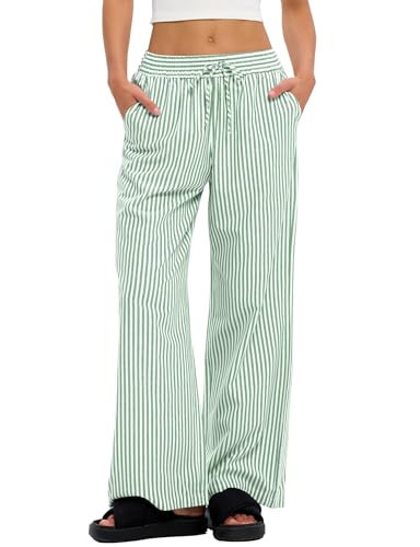 LOMON Pants for Women Striped Boxer Pajamas Wide Leg Pj Lounge Bottoms Flowy Drawstring Loose Trousers with Pockets (Green White Striped, S) | Amazon (US)