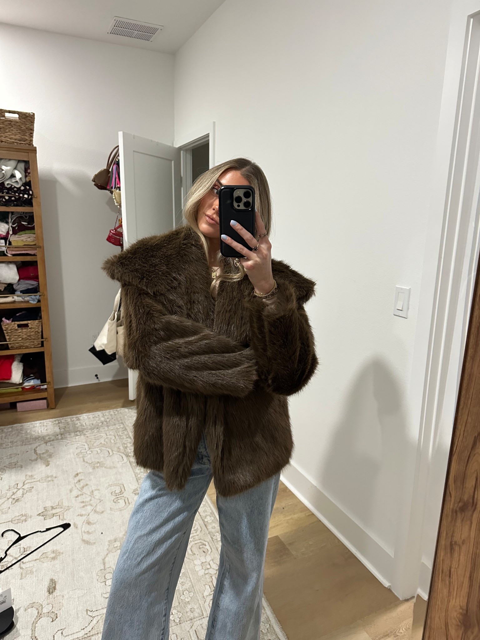 Friday night outfit. My jacket is amazon size small Cicy Bell Womens Faux Fur Coat Winter Shaggy Casual Oversized Lapel Jackets Warm Fuzzy Outerwear. My jeans are size 24 from pistola. My bodysuit is size XS skims dupe from amazon they are PUMIEY. My boots are Dolce Vita 

#LTKFindsUnder100 #LTKootd #LTKSeasonal