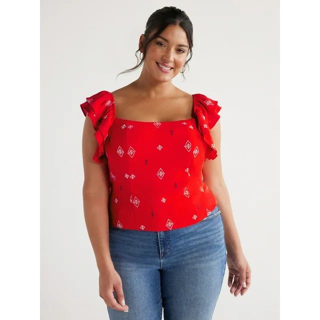 Sofia Jeans Women's and Women's Plus Double Ruffle Embroidered Top, Sizes XS-5X | Walmart (US)