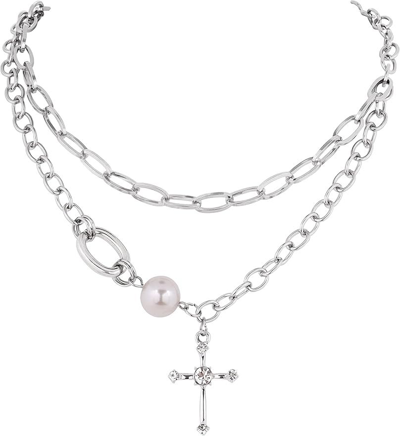 Sacina Gothic Bead Cross Necklace, Cross Choker, Layered Cross Choker Necklace, Goth Necklace, Go... | Amazon (US)