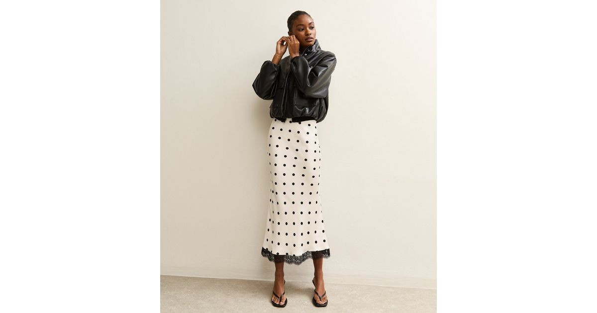 Cream Satin Polka Dot Lace Trim Midi Skirt | New Look | New Look (UK)