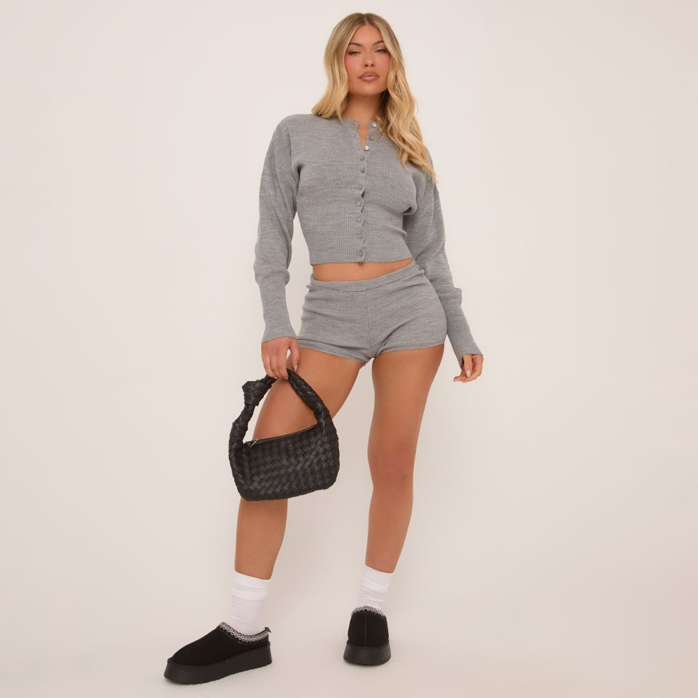 Long Sleeve Button Through Cinched Waist Cardigan In Grey Knit | EGO (UK)