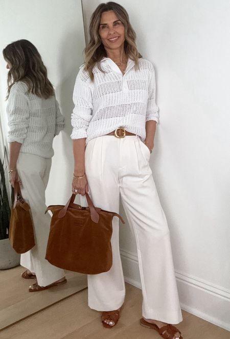 -Off white trousers Amazon I’m 5’6”
-white polo sweater Talbots sz S
-Madewell belt $55.00
-YSL sandals (linked look for less) 

#LTKover40 #LTKstyletip #LTKworkwear