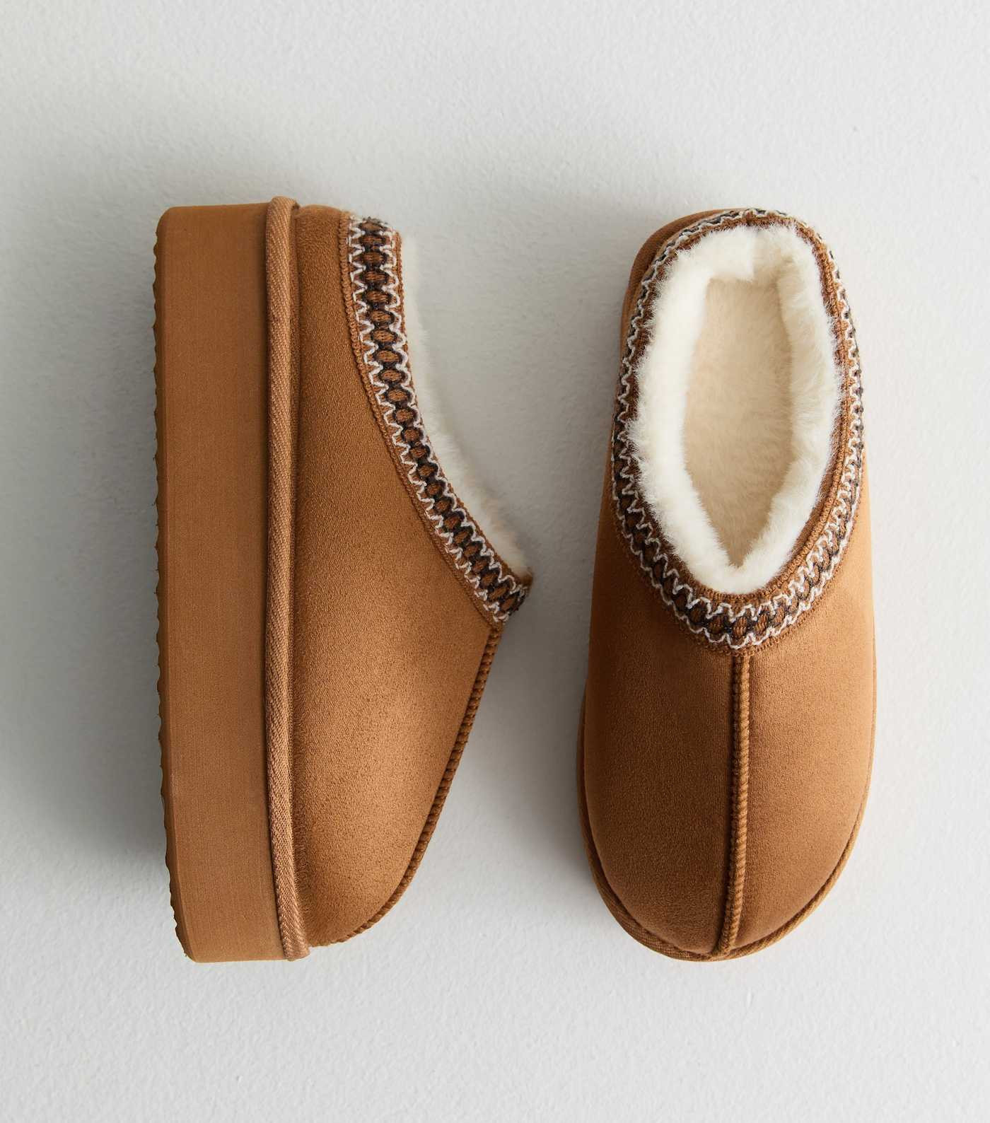 Tan Woven Trim Faux Fur Lined Slippers | New Look | New Look (UK)