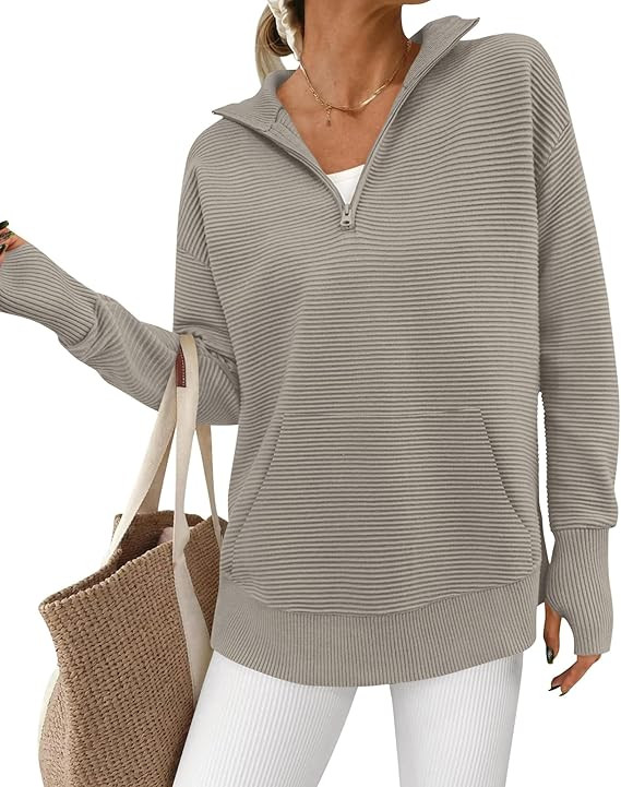 BTFBM Sweaters for Women Fall Clothes 2025 Pocket Quarter Zip Pullover V Neck Long Sleeve Knit Tr... | Amazon (US)