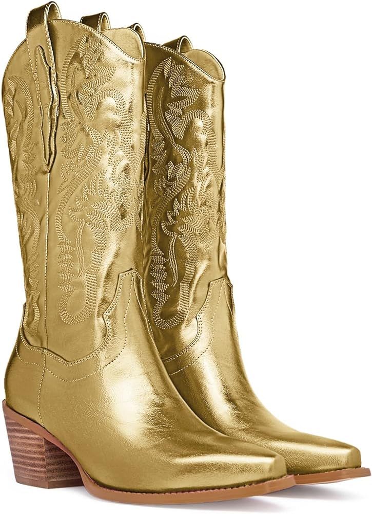 GOSERCE Western Cowboy Mid Wide Calf Boots Pull-Up Tabs Embroidered Sparkly Glitter Metallic Cowg... | Amazon (US)