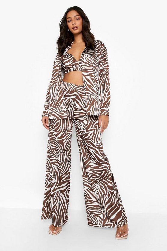 Zebra Print Satin Wide Leg Trousers | Boohoo.com (US & CA)