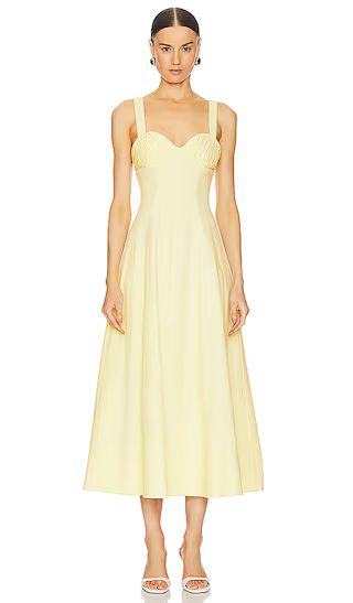 Carla Embroidered Longline Dress in Limoncello Yellow Midi Dress Midi Wedding Guest Dress Midi | Revolve Clothing (Global)