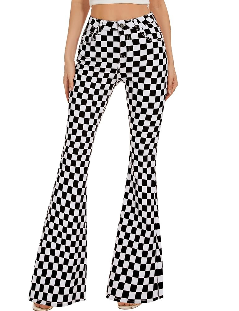 Bell Bottom Jeans for Women High Waisted Stretch Plaid Flare Jeans Denim Bootcut Pants | Amazon (US)