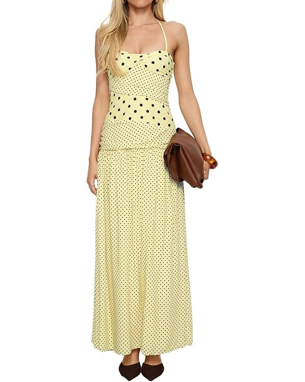 Women Polka Dot Maxi Dresses Halter Backless Patchwork Flowy Party Vacation Dress | Amazon (US)