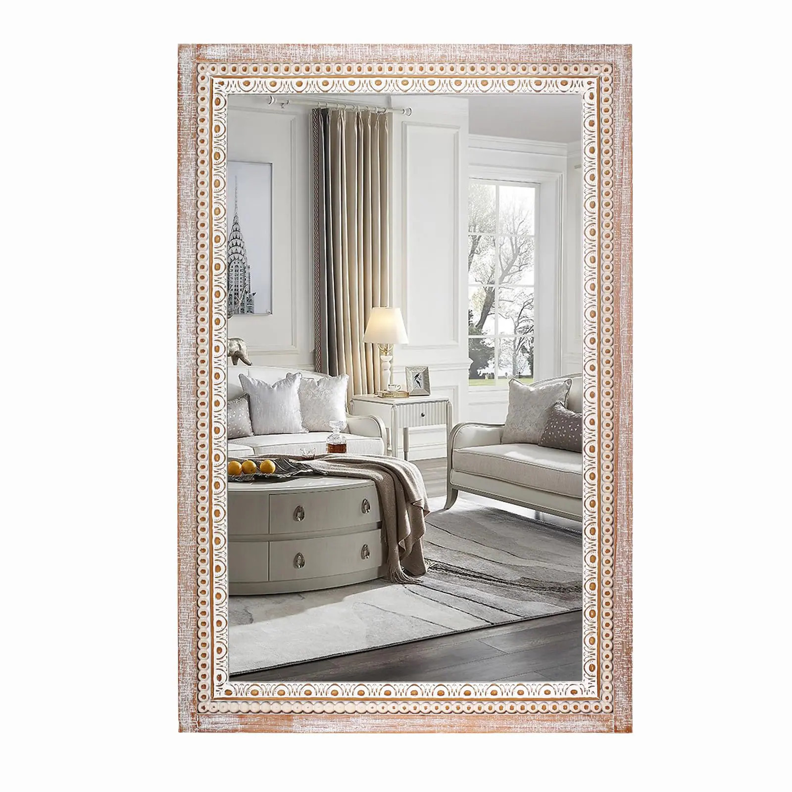 PIGFDK 36x24 Inch Rustic Farmhouse Rectangle Bathroom Mirror Decorative Boho Wooden Wall Mirror Over Sink Living Room Entryway Horizontal Vertical | Lowe's