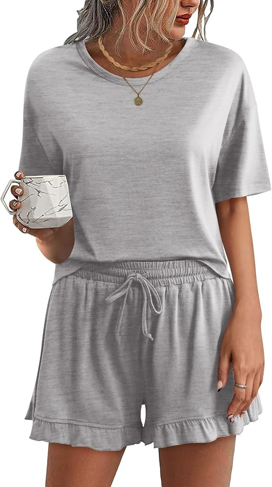 Tankaneo Womens Pajamas Set Lounge Sets Cropped Short Sleeve T Shirts Drawstring Ruffle Shorts So... | Amazon (US)