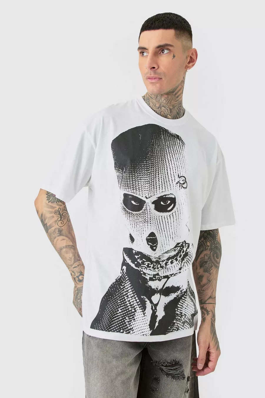 Tall Oversized Mono Balaclava Graphic T-Shirt In White | boohoo (US & Canada)