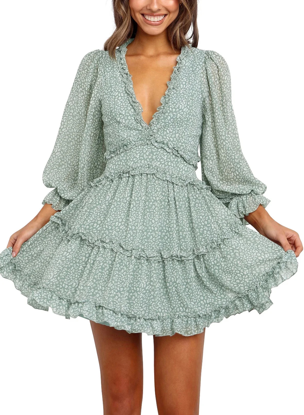 Dokotoo Womens Green V Neck Bohemian Floral Print Ruffle Swing Beach Mini Dress Size Medium US 8-... | Walmart (US)