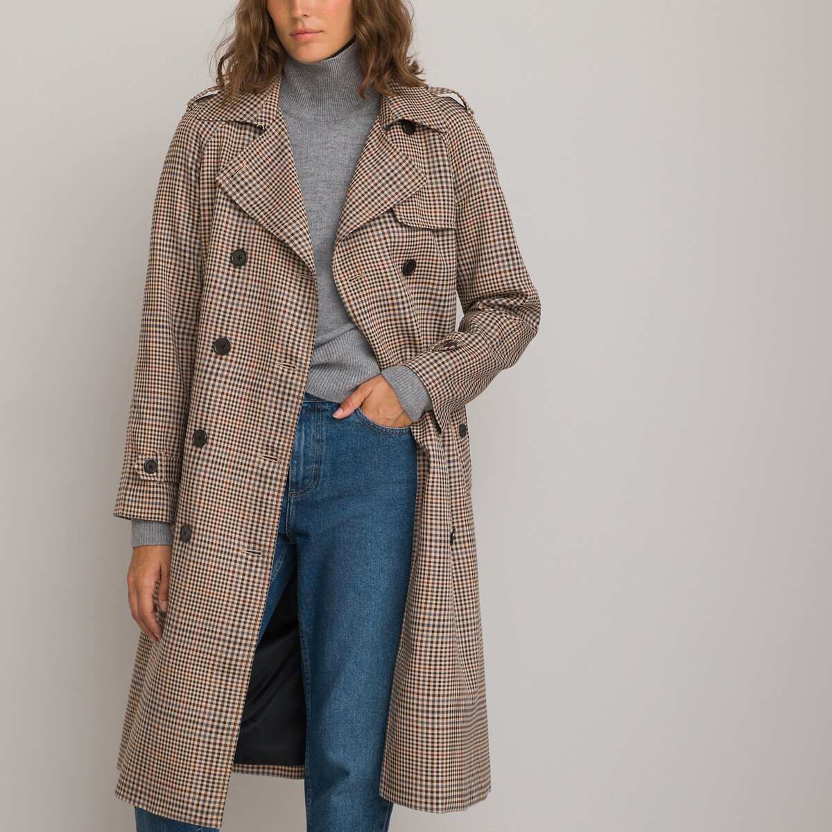 Checked Cotton Long Coat | La Redoute (UK)