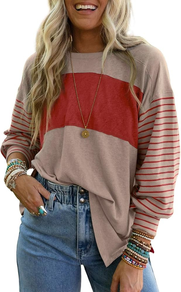 Dokotoo Long Sleeve Tops Oversized 2026 Trendy Round Crew Neck Casual Color Block Womens Shirts B... | Amazon (US)