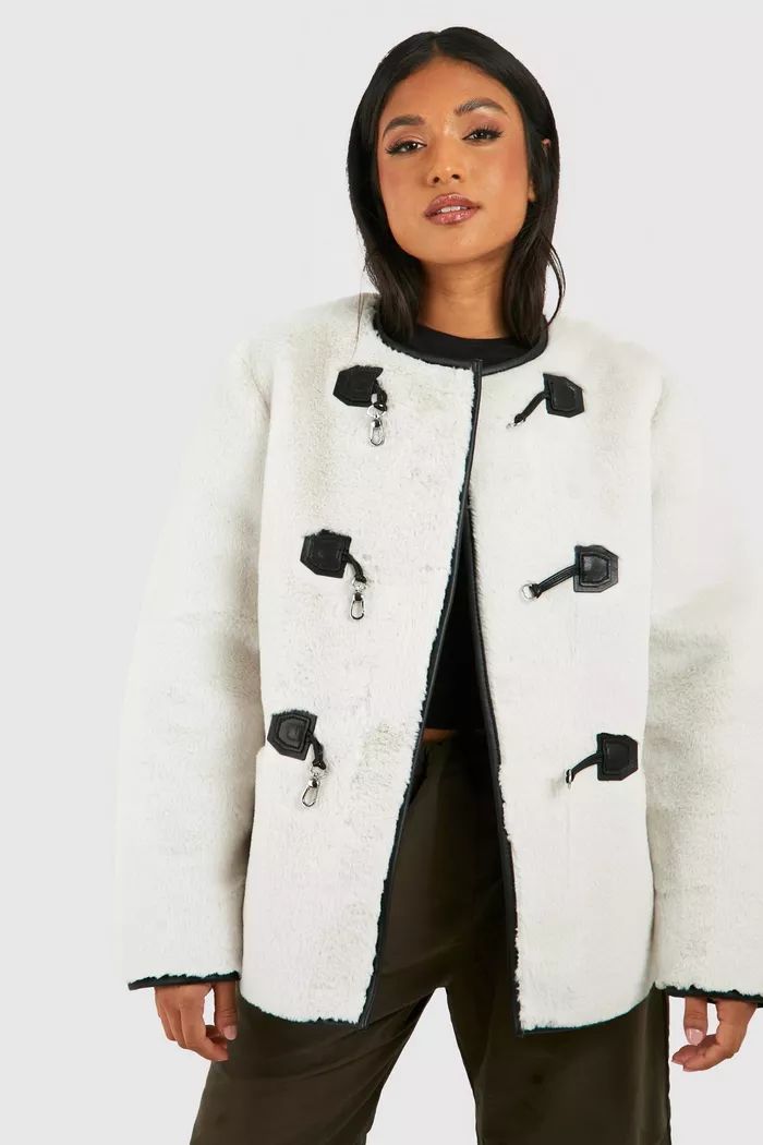 Petite Faux Fur Buckle Detail Coat | boohoo (US & Canada)