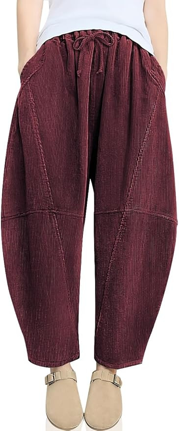 TARSE Womens Corduroy Harem Pants Casual Elastic Waist Wide Leg Pants Loose Fit Baggy Trousers wi... | Amazon (US)