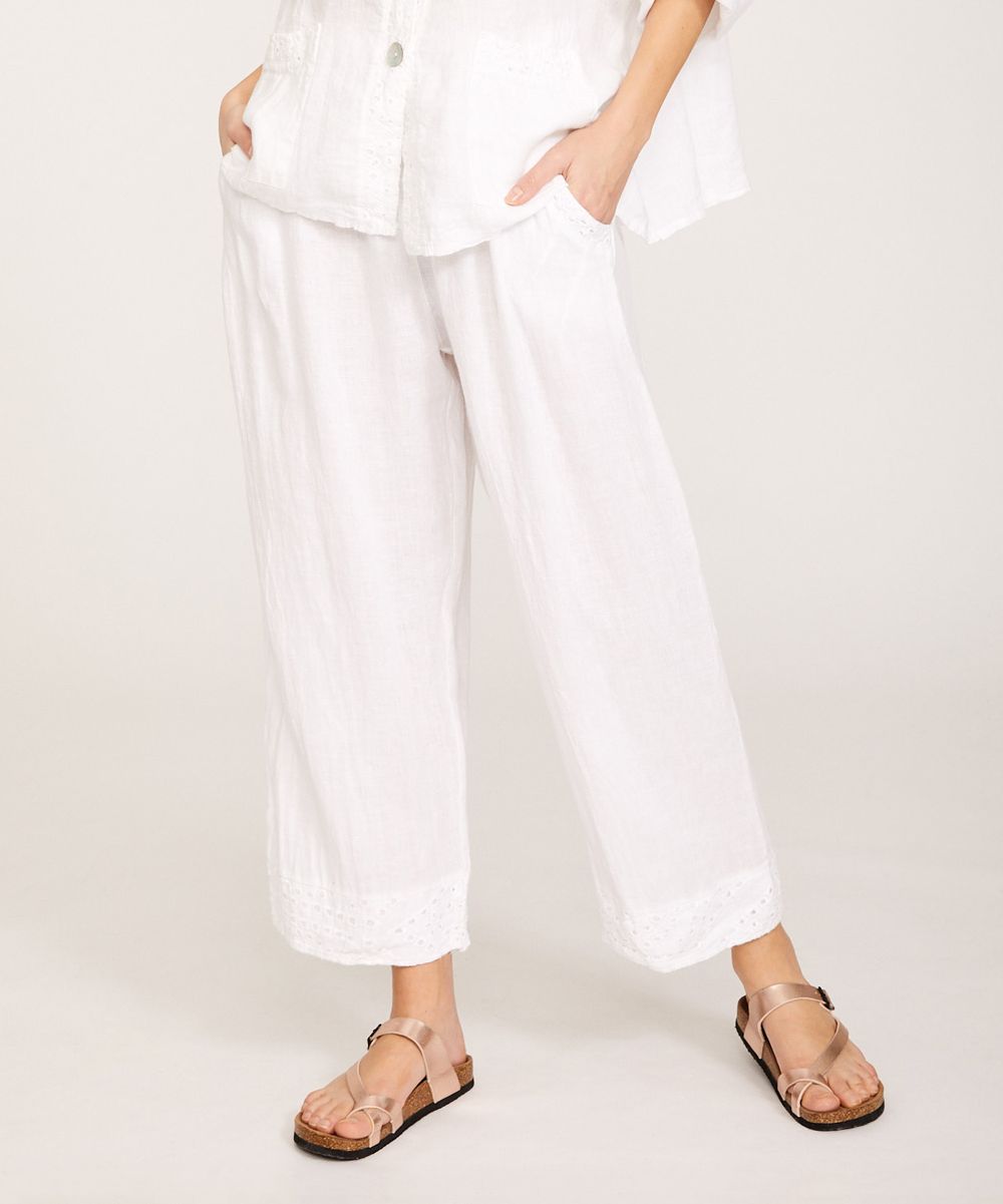 Ornella Paris Women's Casual Pants - White Eyelet-Trim Pocket Linen Wide-Leg Pants - Women & Plus | Zulily