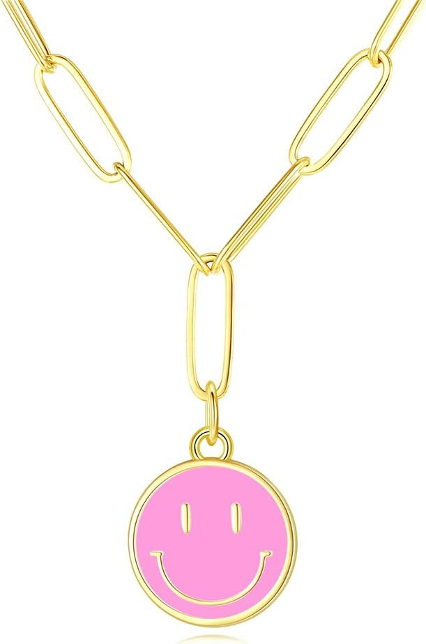 Smiley Face Necklaces,Gold Stainless Steel Paperclip Chain Simple Round Smile Necklace Preppy Jew... | Amazon (US)