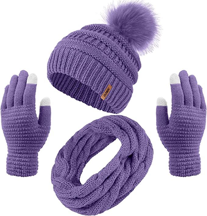 Aneco Womens Winter Warm Sets Knitted Fur Pompoms Beanie Hat Circle Loop Scarf Touch Screen Glove... | Amazon (US)