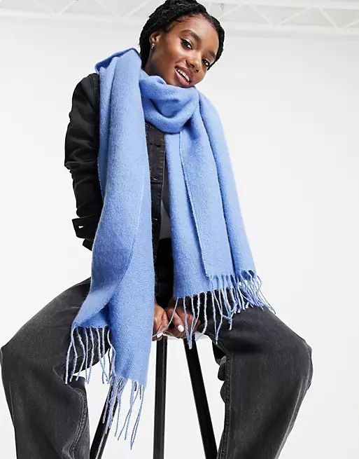 ASOS DESIGN supersoft long woven scarf with tassels in blue | ASOS | ASOS (Global)