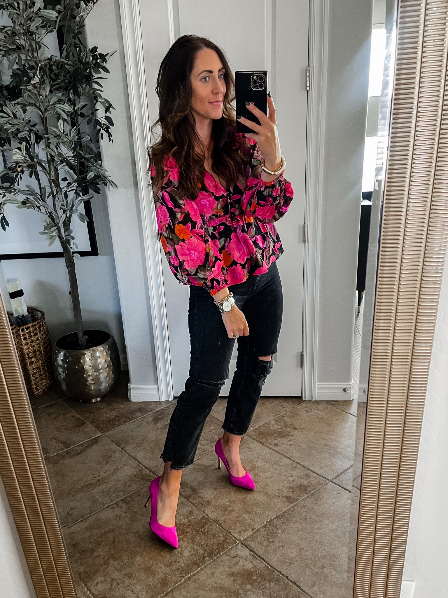 Valentine’s Day outfit idea 💕// floral blouse (size small) 🌸🌺with black jeans (size 4 short) & magenta pumps // date night outfit idea, spring outfit idea, Vici 

#LTKFind #LTKunder50 #LTKsalealert