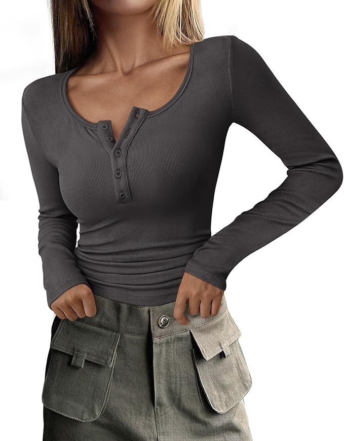 PRETTYGARDEN Women's 2025 Fall Long Sleeve Henley T Shirts Button Ribbed Knit Slim Fit Basic Tops... | Amazon (US)