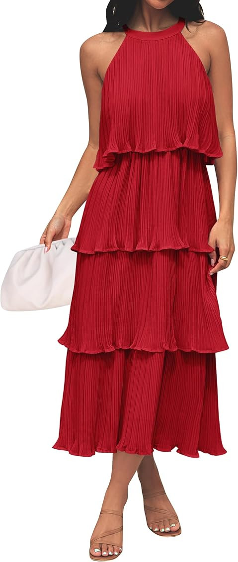 ZESICA Women's 2023 Summer Sleeveless Halter Neck Ruffle Tiered Layered Chiffon Flowy Swing Long Mid | Amazon (US)