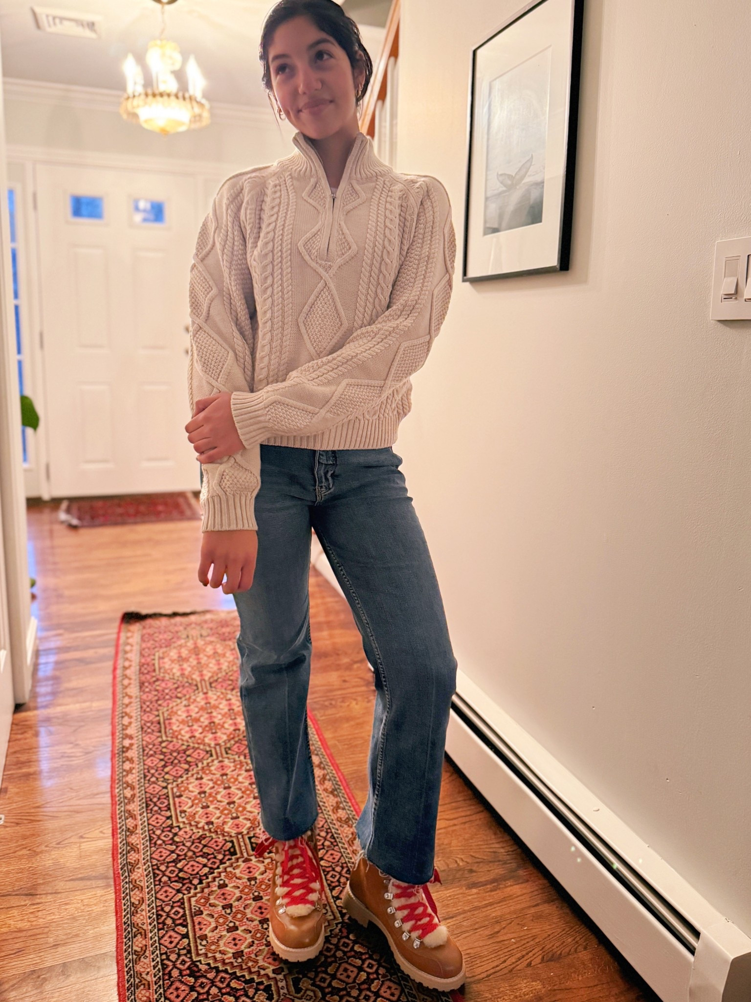 Aritzia has the best quarter zip fisherman sweater! I bought it for myself but it looks so much better on my daughter! 
Sweater weather, nordic boots, anthro jeans

#LTKSeasonal #LTKootd #LTKdayinmylife