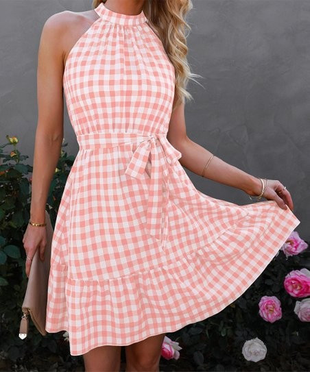 Pink & White Gingham Sleeveless Halter Dress - Women | Zulily