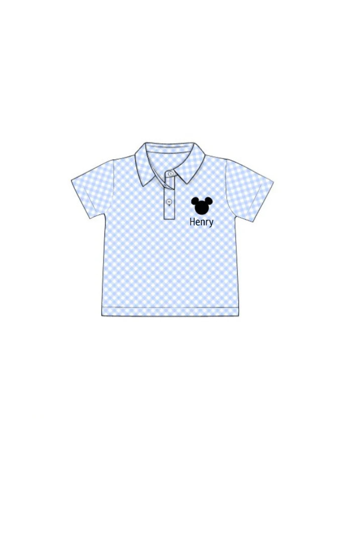 Pre-Order Embroidered Mouse Blue Gingham Polo Shirt | The Smocked Flamingo