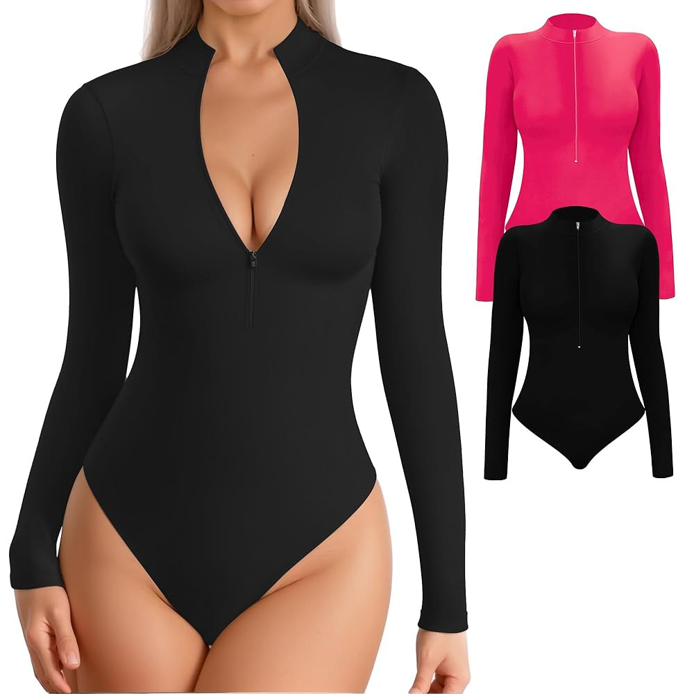MANGOPOP Long Sleeve Body Suit Mock Turtle Neck Zip Up Bodysuit for Women Ribbed Deep V Sexy Body... | Amazon (US)