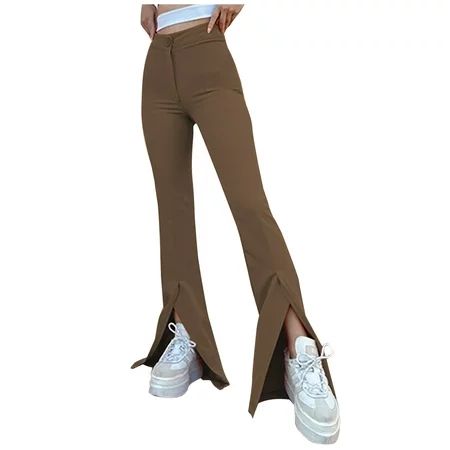 Women's Split Front High Waist Stretchy Elegant Flare Long Pants Solid Skinny Fashion Lounge Pant... | Walmart (CA)