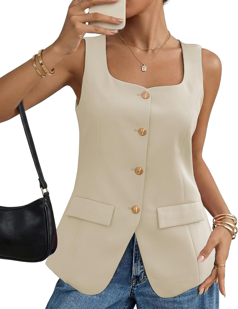 Vest for Women Sleeveless Blazer Vest Tops with Square Neck, Button Front, Business Casual & Ever... | Amazon (US)