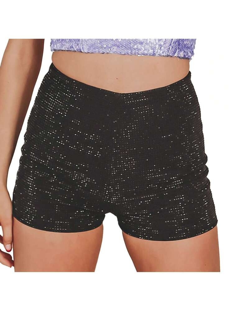 Women's Sequins Shorts Elastic Mid Waist Straight Leg Band Sparkly Shorts Glitter Hot Pants Party... | SHEIN