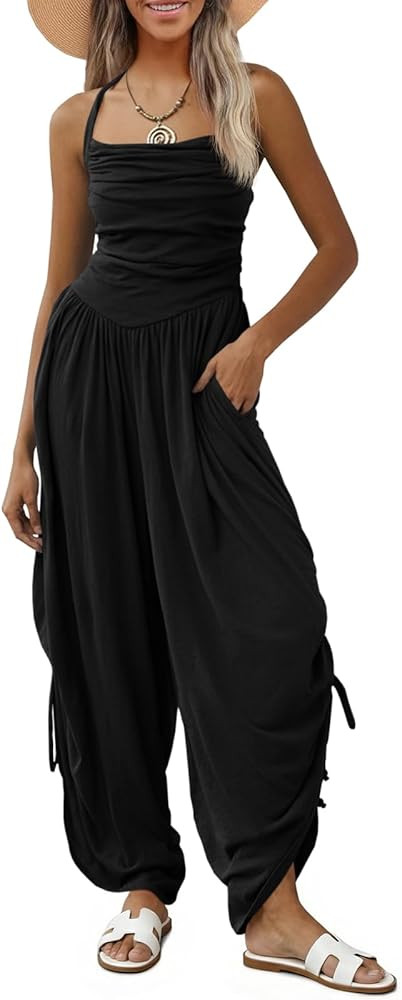 Fisoew Womens Casual Jumpsuits Summer Halter Straps Sleeveless Overalls Ruched Barrel Wide Leg Si... | Amazon (US)