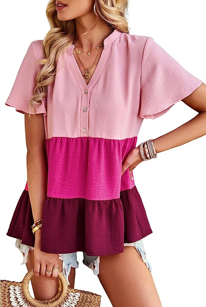 KAYWIDE Women's Summer Casual V Neck Tops Loose Tunic Short Sleeve Shirt Solid Color Splicing Bab... | Amazon (US)