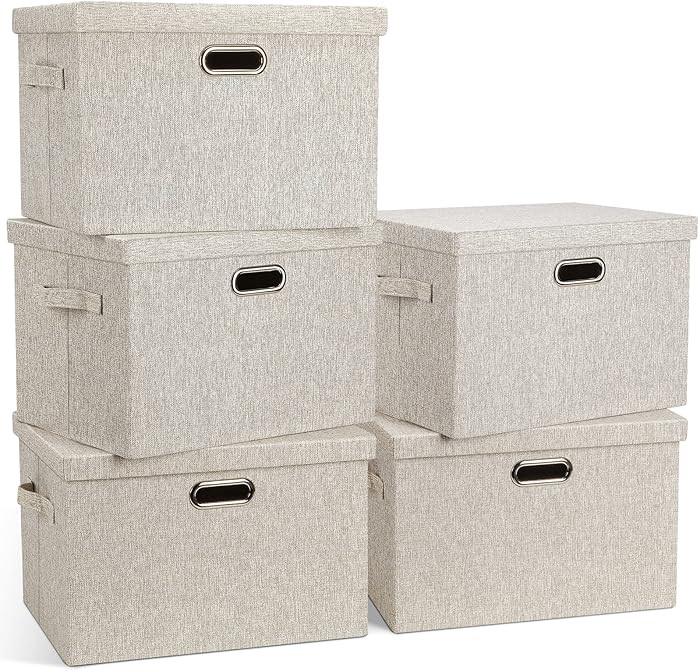 Large 17" 36 Quart Collapsible Stackable Storage Bins with Lids, 5 Packs Beige Linen Fabric Close... | Amazon (US)