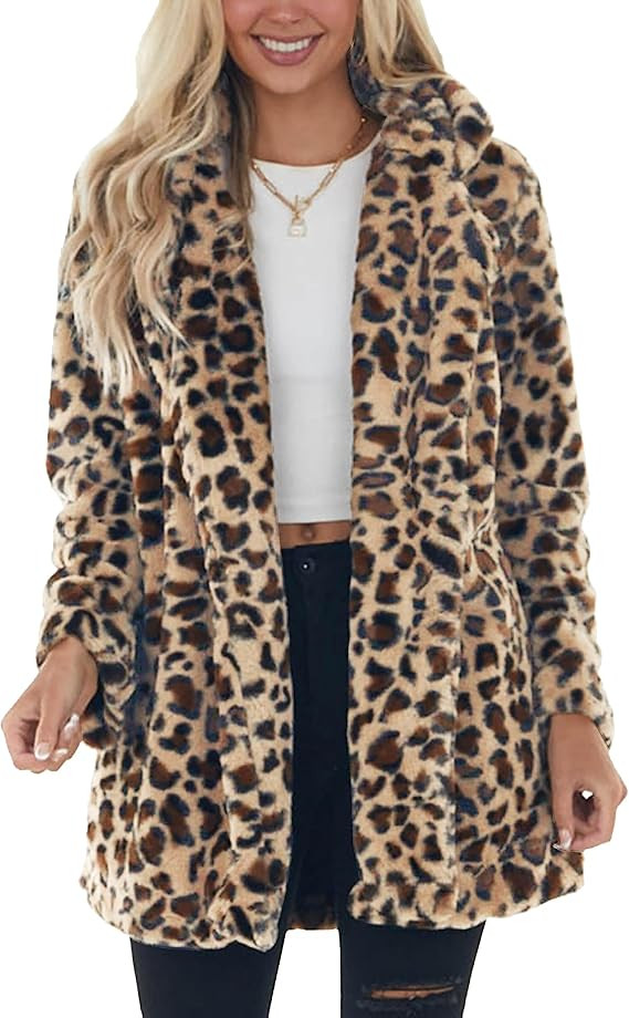 Omoone Women's Faux Fur Jackets Autumn Winter Leopard Coats Loose Fur Coat with Pockets | Amazon (US)