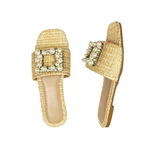 LVOMU Women's Pearl Weave Wide Width Flat Slides Sandals Fashion Non-Slip Square Toe Slip On Summer Walking Slippers for Indoor Outdoor Beach Daily Wear (apricot,8.5) | Amazon (US)