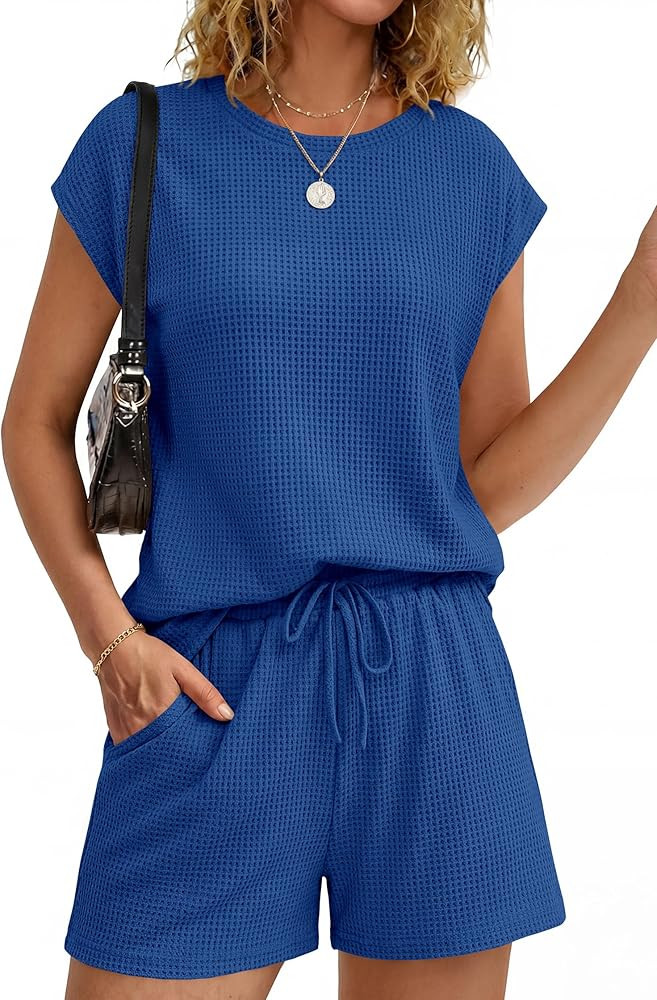 KIRUNDO Waffle Knit Short Sets For Women 2026 Summer Two Piece Cap Sleeve Lounge Set Matching Dra... | Amazon (US)