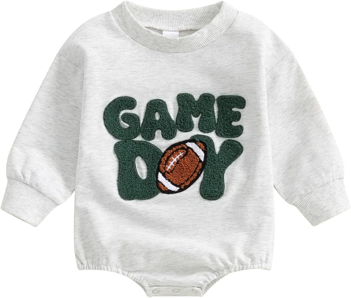 Baby Boy Girl Football Outfit Game Day Sweatshirt Romper Toddler Letter Rugby Long Sleeve Pullove... | Amazon (US)