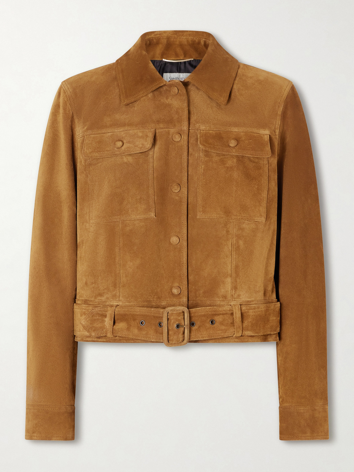 SAINT LAURENT - Cropped Belted Suede Jacket - Brown | NET-A-PORTER (US)