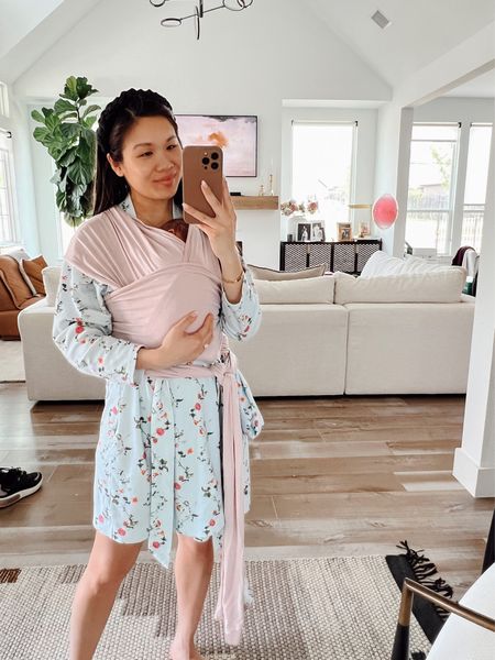 Comfy casual during postpartum wearing a floral robe that is perfect for both maternity and post delivery! Baby girl is wrapped in the Solly Baby wrap that I love using. Linking her wrap, my robe, headband and more! 

#LTKbump #LTKstyletip #LTKbaby