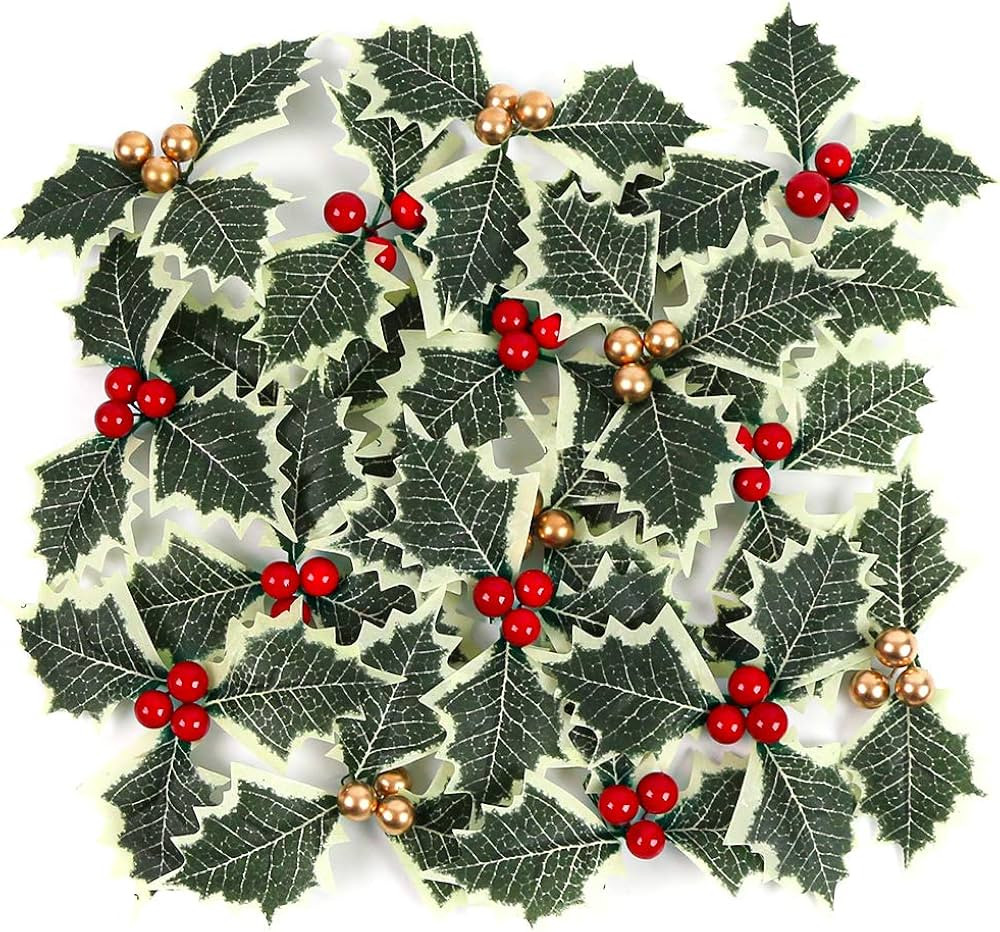 BigOtters Artificial Holly Berries with Green Leaves, 24PCS Gold and Red Holly Berry Flower with ... | Amazon (US)
