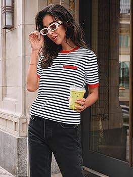 LILLUSORY Womens Striped Short Sleeve Sweater Pullover Shirts with Chest Pocket | Amazon (US)