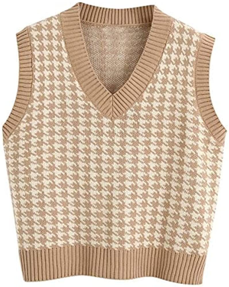 Sdencin Women Houndstooth Pattern Knit Sweater Vest Sleeveless Loose V-Neck 90s Waistcoat Pullover K | Amazon (US)