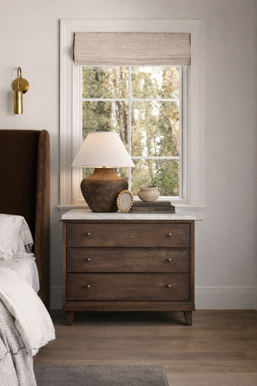 Timeless nightstand styling! A beautiful wood and marble top nightstand paired with organic lighting, natural greenery, and framed memories. All from Wayfair! 

#LTKHome