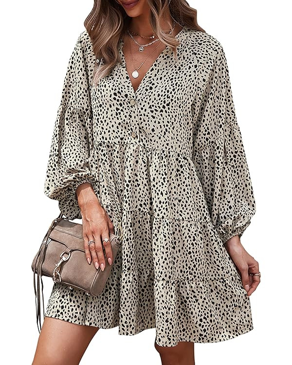 KIRUNDO Womens Fall Dresses 2023 Long Sleeve Tunic Ruffle Leopard Floral Print Boho Casual Loose ... | Amazon (US)